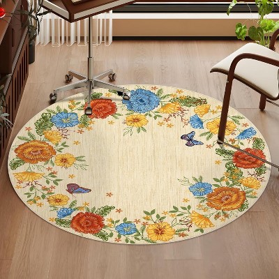 Round Rug 4x4 Yellow,Machine Washable Non-Slip Soft Low Pile Carpet for Kids Room,Entryway, Dorm, Stain-Resistant Easy-Clean Accent Floral Area Rug