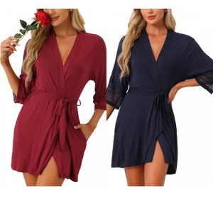 INSPIRE CHIC Women's 2 Pcs Lightweight Knit Cotton Short Robe Sleepwear with Pockets - 1 of 4