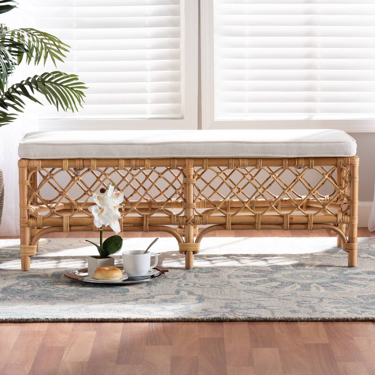 Orchard Fabric Upholstered and Rattan Bench White/Natural - bali & pari