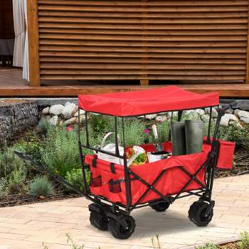 DURHAND Collapsible Folding Utility Garden Cart Wagon with Adjustable Push/Pull Handle Canopy & All-Terrain Wheels