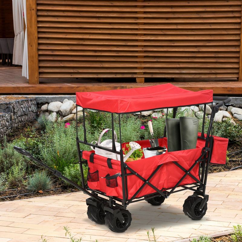 DURHAND Collapsible Folding Utility Garden Cart Wagon with Adjustable Push/Pull Handle Canopy & All-Terrain Wheels, 1 of 9