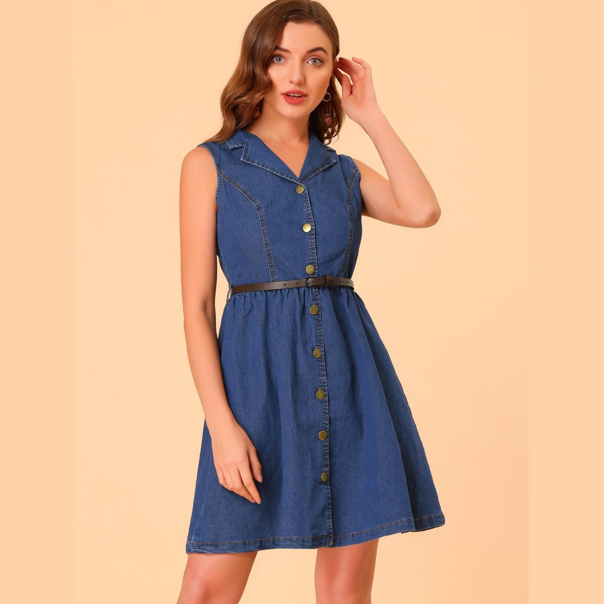 Женские платья INSPIRE CHIC Women's Sleeveless Notched Lapel Denim Dress Blue X-Small — фото 5