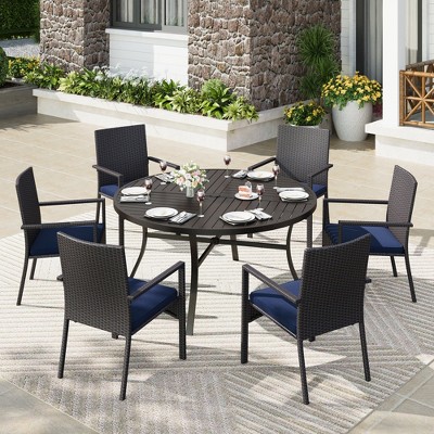 Captiva Designs 7pc Outdoor Patio Black Steel Dining Table with Umbrella Hole & Cushioned Armrest Rattan Chairs