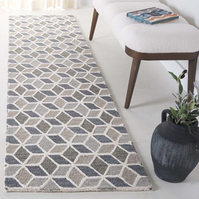 Ivory and Grey Geometric Wool Handmade Runner Rug