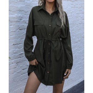 High Waist Belted Shirt Dress - Women's Knee-Length Office Dress with Tie Waist - 1 of 4