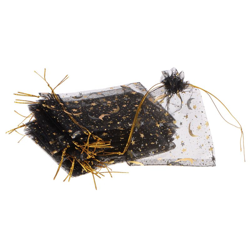 Unique Bargains Moon Star Printed Drawstring Mini Gift Candy Christmas Organza Bags 50 Pcs Black 4.72x3.5 Inch