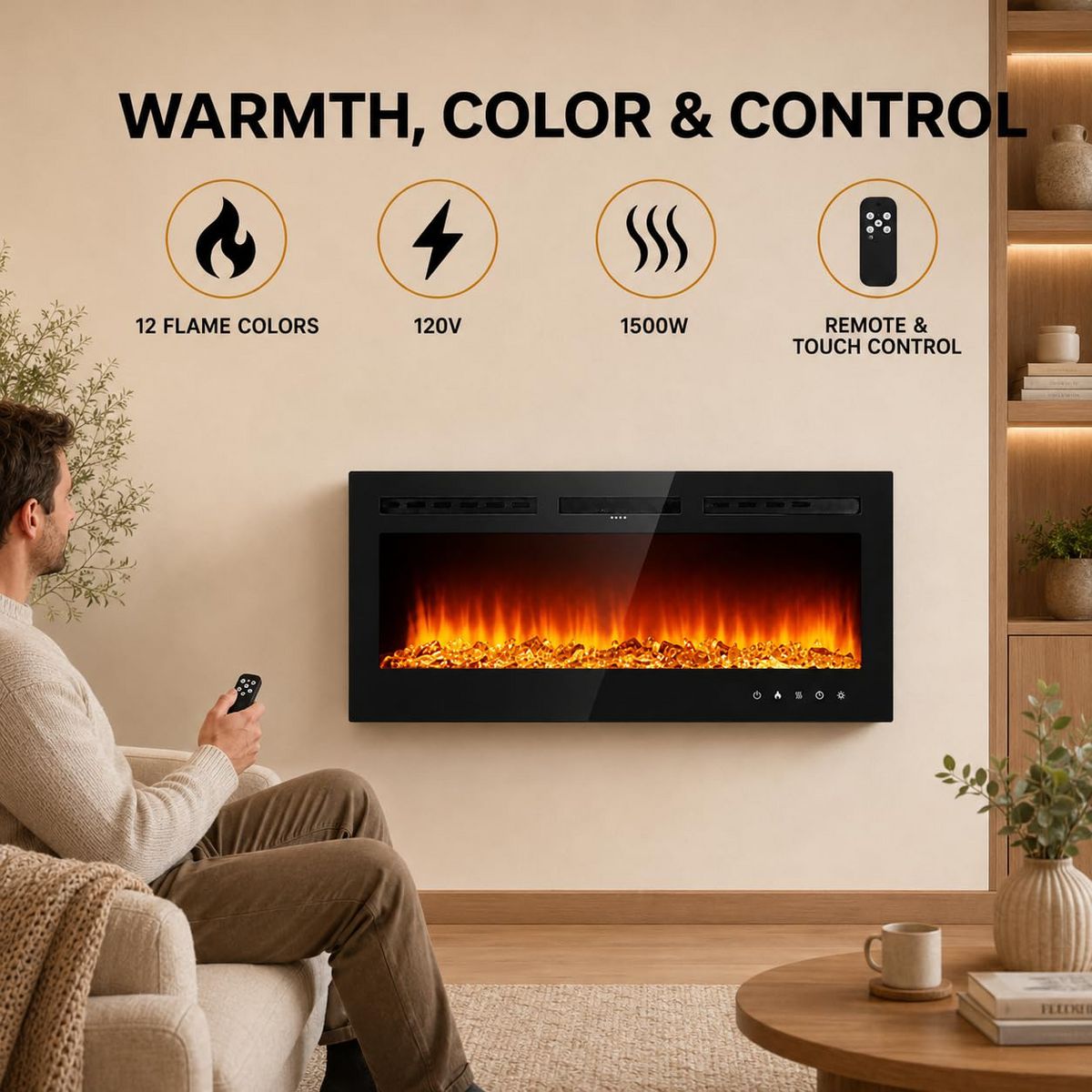 30 Inch Wall-Mounted Electric Fireplace - Adjustable Flame Color & Brightness, Quiet Heater with Overheat Protection - thumbnail 6