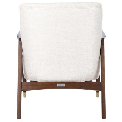 Scandinavian Cream Linen & Wood Transitional Accent Chair with Brass Tips