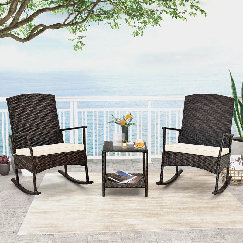 Costway 3 Piece Patio Rocking Set Wicker Rocking Chairs with 2-Tier Coffee Table Turquoise/Off White, 1 of 10