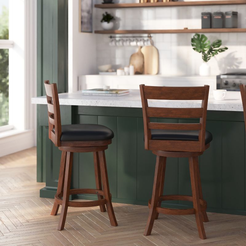 Merrick Lane 24" Classic Wooden Ladderback Swivel Counter Height Stool with Upholstered Padded Seat and Integrated Footrest, 5 of 13