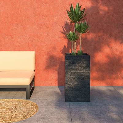 LeisureMod Tall Square Planter Pot in Fiberstone with Drainage Holes for Indoor/Outdoor Use - Basalat Collection
