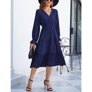 Coolmee Women's Bohemian Dress Casual Long Sleeve V Neck Dress Floral Flowy Maxi Dresses Tiered Cocktail Dress - 1 of 4