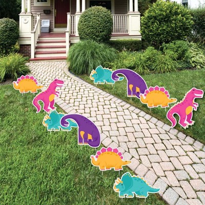 Big Dot of Happiness Roar Dinosaur Girl - T-Rex Lawn Decorations - Outdoor Dino Mite Baby Shower or Birthday Party Yard Decorations - 10 Piece