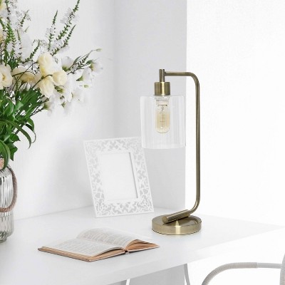 Antique Brass Curved Arm Desk Lamp with Clear Glass Shade