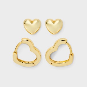 14K Gold Plated Polished Heart Earring Set 2pc - A New Day™ Gold: Brass, Nickel-Free, Gift Box Included - 1 of 3