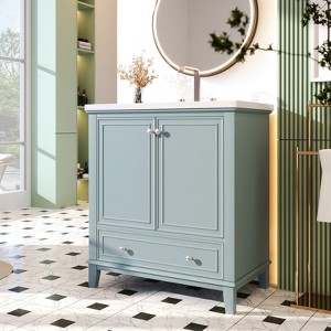 ChicFurnit 30 Inch Bathroom Vanity with Sink Freestanding Bathroom Cabinet with 2 Doors and 1 Drawer for Bathroom, Green/Gray/White, 30"*18"*34.8" - 1 of 4