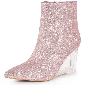 Perphy Women's Sparkly Glitter Pointy Toe Clear Wedge Heels Ankle Boots - 1 of 4