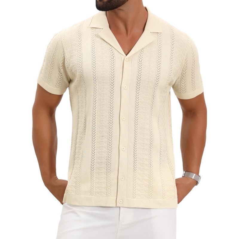 INSPIRE CHIC Men's Hollow Knitted Short Sleeve Button Down Striped Shirts Small Beige