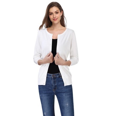 WhizMax Women Fitted Round Neck 3/4 Sleeve Button-Up Knit Cardigan