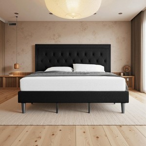 King Size Upholstered Platform Bed with Adjustable Headboard, Button Tufted, Slatted Base, Easy Assembly - 1 of 4