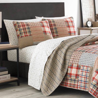 Brown Plaid Cotton Twin Reversible Quilt Set with Sham