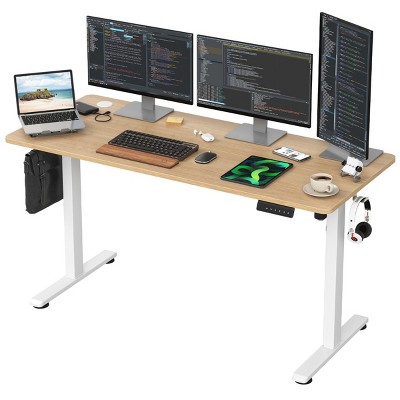 GlasFlength Desks Standing Desk Adjustable Height Sit Stand Desk with Splice Board Headphone Hooks for Home Office, Beige, 56.3"*24"*45"