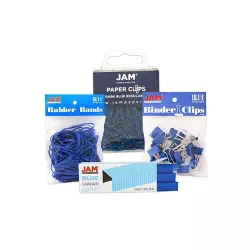 JAM Paper Desk Supply Assortment Blue 1 Rubber Bands 1 Small Binder Clips 1 Staples & 1 Small Paper