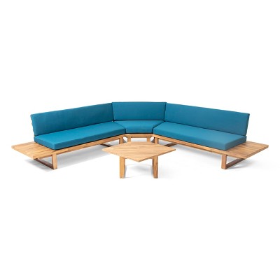 GDFStudio Woodrow Modern Outdoor Acacia Wood 5 Seater Sectional Sofa Set with Cushions