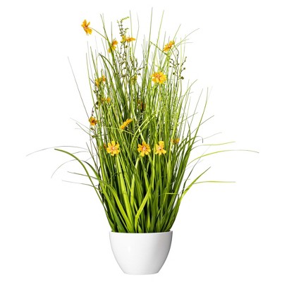 31" Elegant Outdoor Faux Yellow Cosmos & Green Grass Arrangement