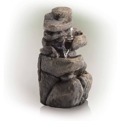 11" Gray Fiberglass 3-Tier Rock Tabletop Fountain with LED Light