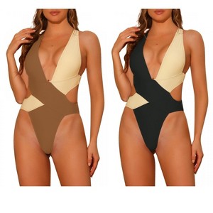 INSPIRE CHIC Women's Color Block Deep V Neck Criss Cross Back Swimwear Bathing Suit Monokini 2 Sets - 1 of 4