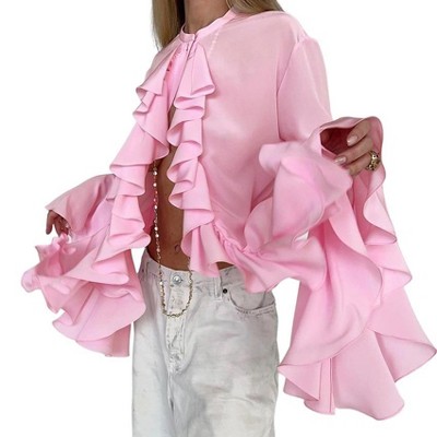 Women's Crew Neck Blouses Fashion Solid Button Collar Tops Throughout Ruffled Semi Open Front Long Bell Sleeve Shirts