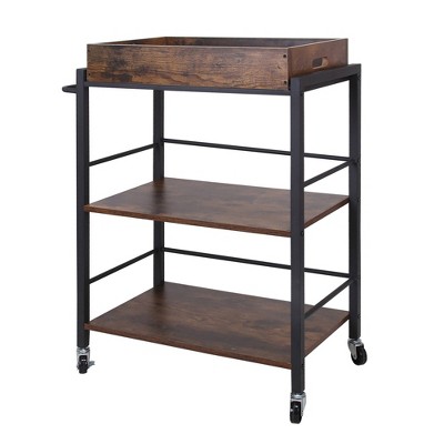 Tray Top Wooden Kitchen Cart with 2 Shelves and Casters Brown/Black - Benzara