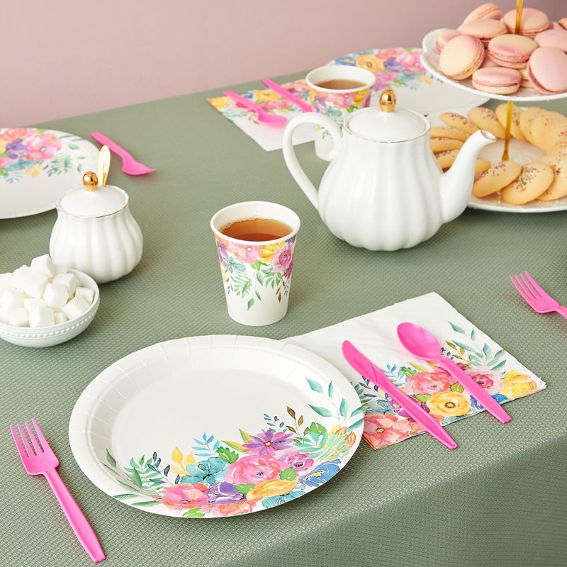 Juvale 144-Piece Tea Party Supplies - Floral Paper Plates, Napkins, Cups and Cutlery for Wedding, Girls Baby Shower (Serves 24), 3 of 9