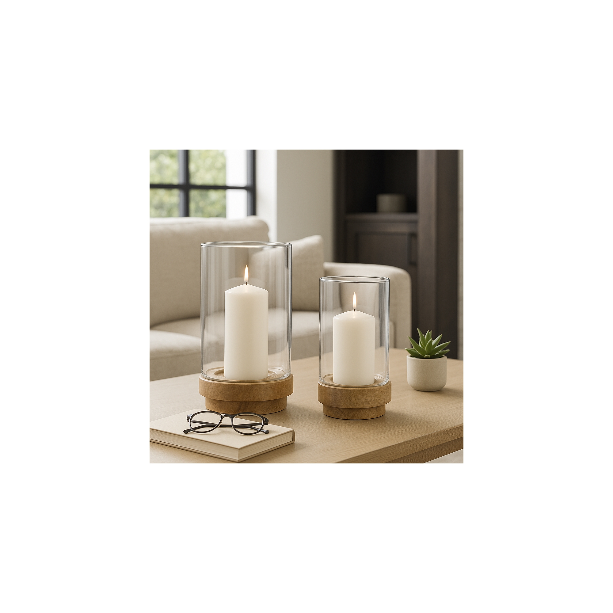 Modern Glass Hurricane Pillar Candle Holders on Wood Base for Tabletop Display - Set of 2, 11",9", Clear & Brown
