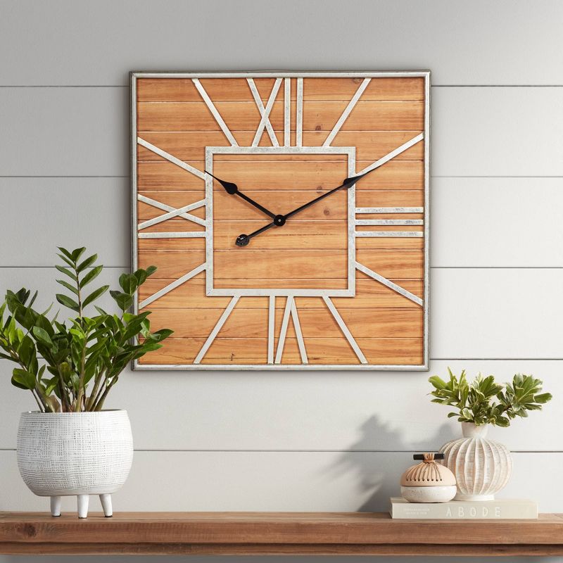 Dahlia Studios Caser Silver Metal and Brown Wood 23 1/2" Square Wall Clock, 2 of 5