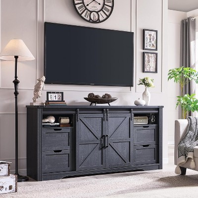 SinCiDo TV Stand for 75 80 Inch TV, Farmhouse Tall Entertainment Center with 4 Drawers & 2 Sliding Barn Door for Living Room