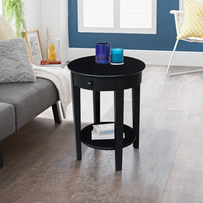 Black Round Wood Accent Table with Storage Drawer