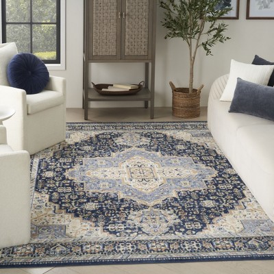 Navy and Beige Synthetic Rectangular 8' x 10' Area Rug
