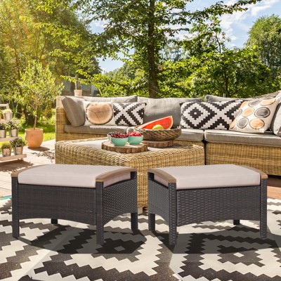 Beige PE Wicker Patio Ottomans with Acacia Wood Handles