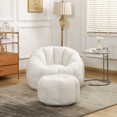 Teddy Fabric Bean Bag Chair with Footstool, Foam-Filled Lounge Sofa, Cozy Floor Seating for Relaxing-Baofuwish