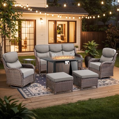Buenhomino 7-Piece Patio Furniture Set with Fire Pit,Wicker Patio Sofa Set Outdoor Swivel Rocking Chairs with Ottomans