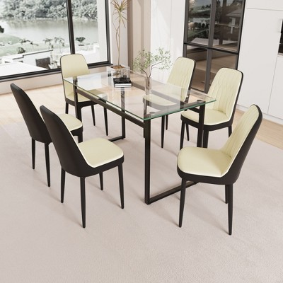 NicBex Dining Table for 6 Modern Kitchen Table Chairs Set with Glass Tabletop and 6 Thick Cushion PU Chairs for Kitchen