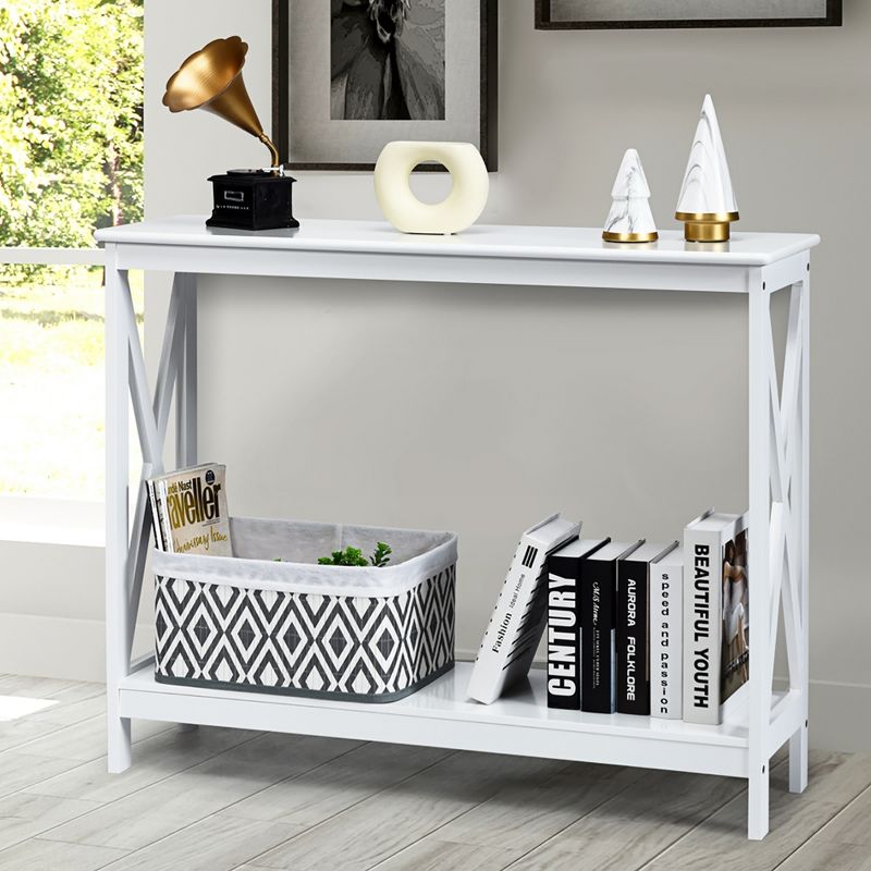 Costway 2-Tier Console Table x-Design Bookshelf Sofa Side Accent Table w/Shelf White\ Black\Espresso\Wood Grain, 2 of 10