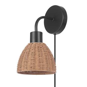 Briar 1-Light Matte Black Plug-In or Hardwire Wall Sconce with Rattan Shade - Globe Electric