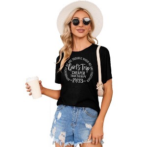 Women's Summer Short Sleeve T-Shirt Casual Round Neck Funny Letter Print Graphic Tee Shirts - 1 of 4