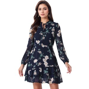 INSPIRE CHIC Women's Summer Floral Layered Tie V-Neck Semi-Sheer Long Sleeve Mini Dress - 1 of 4