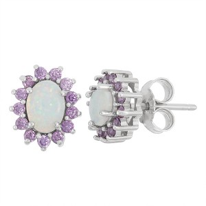 Opalata Sterling Silver White Inlay Opal with Surrounding Amethyst CZ Oval Stud Earrings - White - 1 of 2