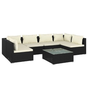 vidaXL 7-Piece Outdoor Lounge Set, Black Poly Rattan with Cream Cushions, Modular Patio Furniture with Powder-Coated Steel Frame - 1 of 4