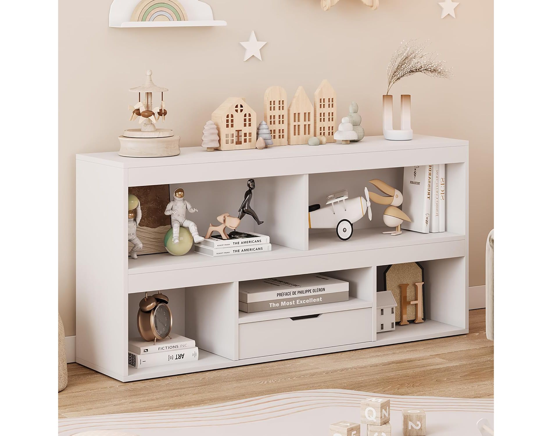 Toy Storage Organizer 5 Cubes Kids Bookshelf with Drawer Wooden Storage Cabinet Playhouse Shelves Cabinet